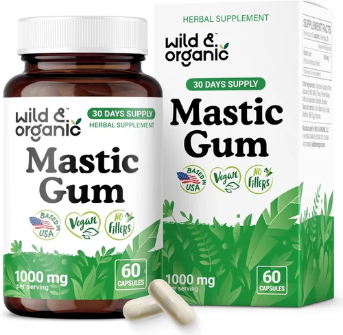 Wild & Organic Cápsulas de goma mastica – 1000 mg de suplemento de goma mastica para apoyo intestinal – 30 días de suministro – 60 cápsulas de