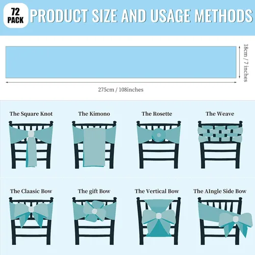 Vista 3 de 72 bandas de satén para silla, color azul bebé, lavables y reutilizables, fundas universales para silla, suministros para atar en la espalda