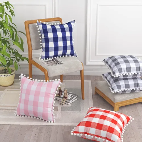 Vista 5 de 2 fundas de almohada a cuadros de búfalo a cuadros decorativos con pompones, 2 fundas de cojín retro estilo rural lumbar para sofá, automóvil, 12 x