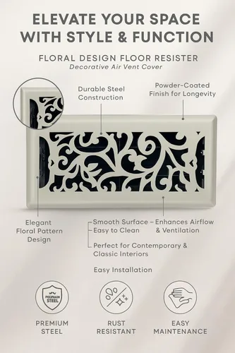 Vista 5 de Registro de piso de acero con diseño floral de 4 x 10 pulgadas en acabado blanco glaciar para piso, cubiertas decorativas de ventilación de aire