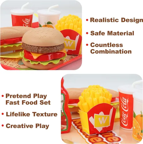 Vista 5 de Juego de comida de juego de simulación para niños, juego de comida rápida extraíble con bandeja, combo de hamburguesas, papas fritas, accesorios