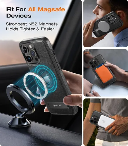 Vista 2 de WTCASE Funda magnética de piel para iPhone 14 Pro Max, soporte invisible integrado [compatible con Magsafe] protector delgado compatible con iPhone