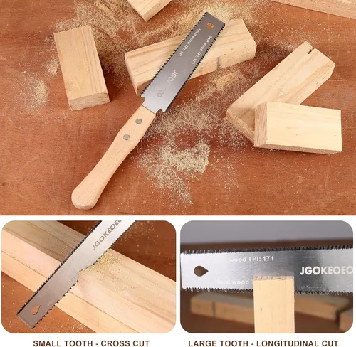 Vista 6 de Sierra de mano japonesa, sierra de corte al ras de doble filo de 6 pulgadas, doble hoja flexible SK5 17/11 TPI con mango de madera cómodo