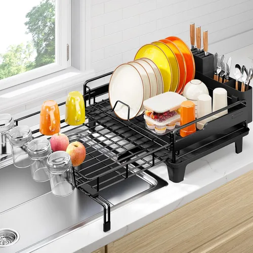 Vista 9 de Urackify - Escurridor de platos extensible, gran estante de platos para encimera de cocina, escurridor de platos resistente a la corrosión