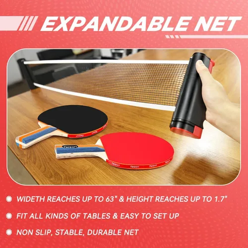 Vista 5 de FBSPORT Set de palas de ping pong, juego de tenis de mesa con 4 raquetas y 8 bolas, red retráctil con bolsa de almacenamiento - accesorios de pala