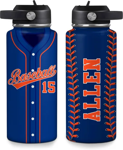 Vista 28 de Hyturtle Botella de agua de béisbol personalizada, botella de acero inoxidable aislada de viaje con tapa a prueba de fugas, 18 onzas, 32 onzas