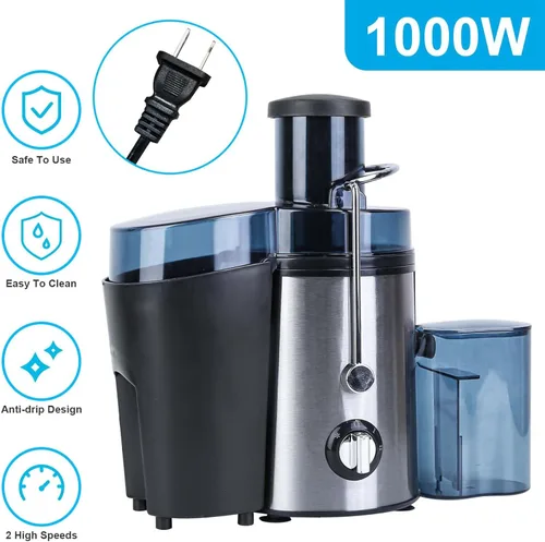 Vista 2 de Máquina exprimidora, extractor centrífugo de 1000 W para verduras y frutas con ajuste de 3 velocidades, máquina exprimidora centrífuga de acero