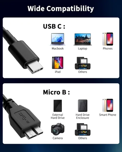 Vista 5 de ITD ITANDA Cable micro B a USB C, cable USB 3.0 de 1.5 pies para disco duro externo compatible con Seagate, WD Toshiba, MacBook Pro/Air, iPad