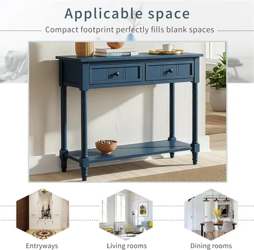 Vista 19 de P PURLOVE Mesa consola de madera con 2 cajones y estante inferior para dormitorio (azul marino)