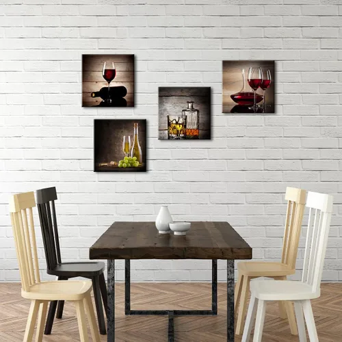 Vista 3 de Wieco Art Copas de vino tinto, arte moderno de pared para cocina, comedor, decoración de pared, 4 paneles, impresiones abstractas en lienzo, obras