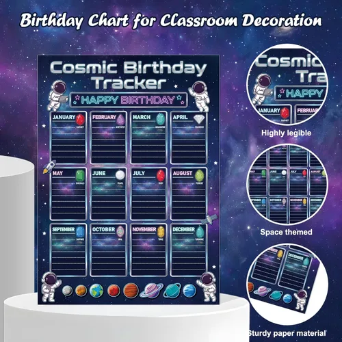Vista 6 de WhatSign Birthday Calendar for Classroom - 12"x16" Birthday Chart Poster with Birthstones, Space Theme Solar System Wall Tracker Decor for Teachers