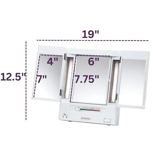 Vista 7 de JERDON Espejo de maquillaje de dos caras de tres pliegues con luces, espejo de tocador con aumento 5X-1X y múltiples ajustes de luz, color blanco