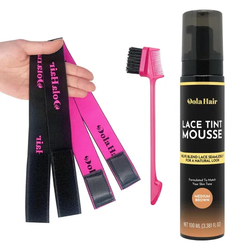 Vista 9 de Dolahair Spray de tinte de encaje para fusión de pelucas, mousse marrón oscuro con bandas elásticas para aplicación de peluca sin costuras