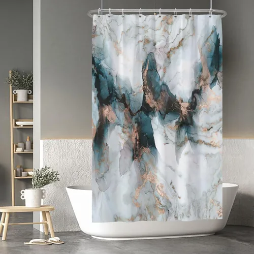 Vista 169 de Baocicco Cortina de ducha de mármol azul abstracto a rayas, decorativa, textura de lujo, línea moderna, decoración de acuarela, juego de cortinas