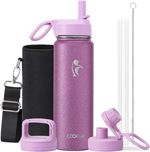 Vista 55 de Coolflask - Botella de agua de 64 onzas aislada, con popote y 3 tapas, de acero inoxidable con boca ancha, libre de BPA, mantiene las bebidas frías