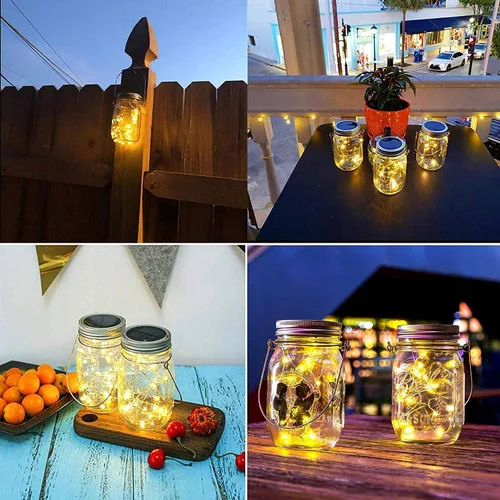 Vista 7 de Paquete de 10 luces solares Mason Jar para exteriores, 30 luces LED solares para frascos, luces de luciérnaga con ganchos (sin tarros)