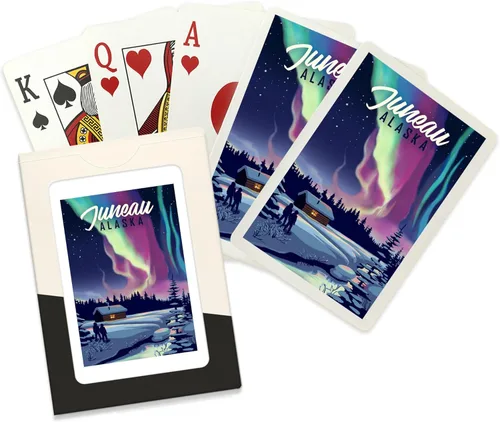 Lantern Press Juneau, Alaska, Northern Lights and Cabin, Two People, 52 Playing Cards for Adults, Poker Size Card Deck