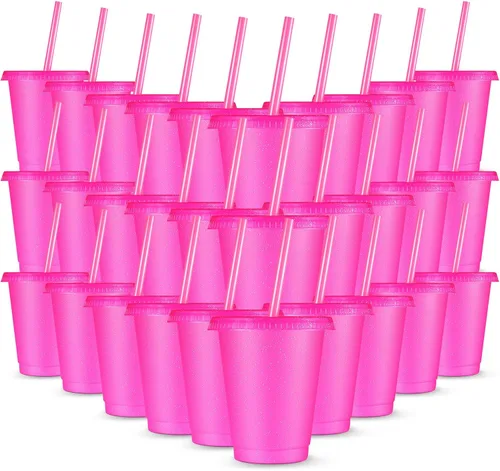 Vista 11 de Rtteri 30 vasos reutilizables con tapas y pajillas, vaso de plástico con purpurina de 16 onzas, taza de viaje para café helado, taza para bebidas