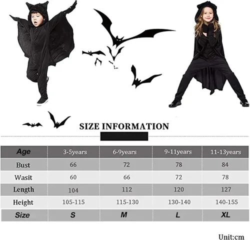 Vista 2 de KEEPAA Disfraz de murciélago de carnaval para niños, capa de murciélago con capa y guantes, disfraces de vampiro de murciélago para 4-14 niñas
