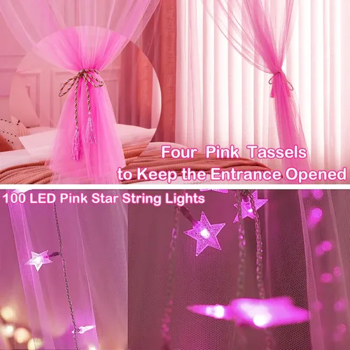 Vista 3 de Dosel de Cama Rosa Lovelite con Luces para Niñas, Cortina de Cama con Dosel de 8 Esquinas con Luces LED de Estrellas Rosas y Control Remoto