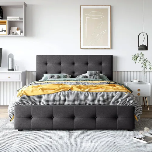 Vista 10 de P PURLOVE Cama de plataforma tapizada con 4 cajones, tamaño Queen, plataforma de almacenamiento con cabecero, no necesita somier, marco de cama beige