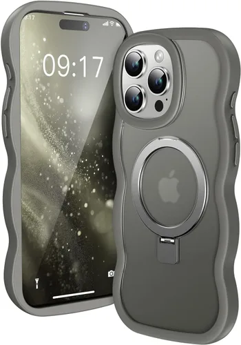 Vista 24 de Funda [Cute Wave Frame+Mag Stand] Diseñada para iPhone 14 Pro Max, [Compatible con MagSafe] Funda protectora de silicona translúcida con anillo