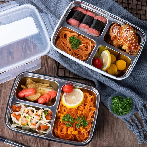 Vista 6 de Niiyen Lonchera portátil de acero inoxidable 304 Bento Box Lunch Containers Caja de almacenamiento de alimentos con 4 compartimentos vajilla