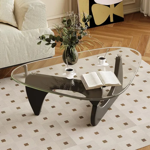 Vista 3 de Mesa de centro para sala de estar, mesa central moderna de mediados de siglo con parte superior de cristal, color negro transparente
