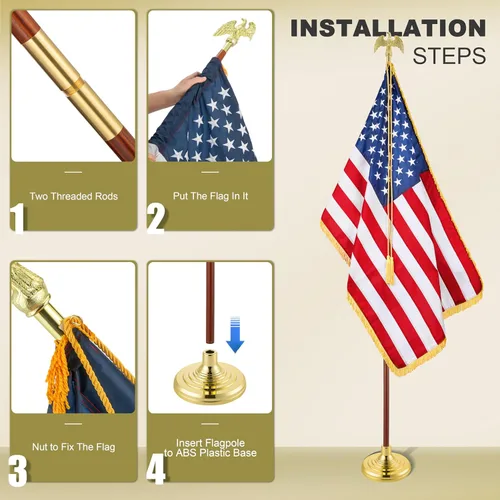 Vista 3 de Kit de asta de bandera estadounidense para interiores de 8 pies, juego de asta de bandera de lujo para oficina presidencial, poste de roble premium