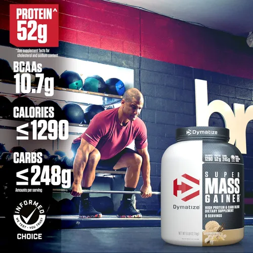 Vista 2 de Dymatize Super Mass Gainer Polvo de Proteína, Vainilla Gourmet, 52g de Proteína, 1g de Creatina, 1280 Calorías, 10.7g de BCAA, 245g