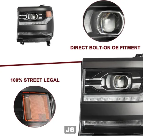 Vista 5 de JSBOYAT Conjunto de faros delanteros tipo LED completo para Chevy Silverado 1500 2016-2019, proyector de repuesto LED DRL de luz alta/baja