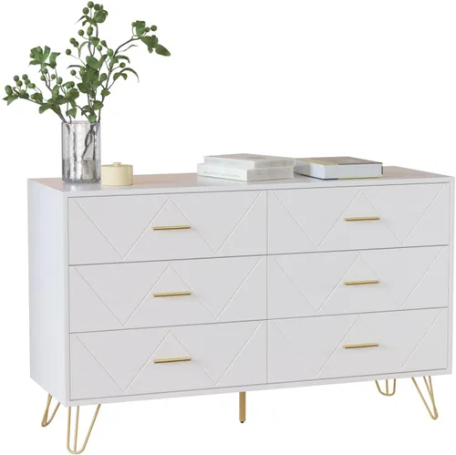 Vista 35 de Cómoda de 7 cajones para dormitorio, color blanco con patas y asas doradas, cómoda de madera, cómoda moderna para sala de estar, pasillo, guardería