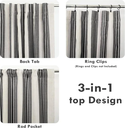 Vista 4 de DriftAway Chris Linen - Cortinas opacas con capa térmica y reductora de sonido, 63 pulgadas de largo para dormitorio, cortinas estampadas a rayas