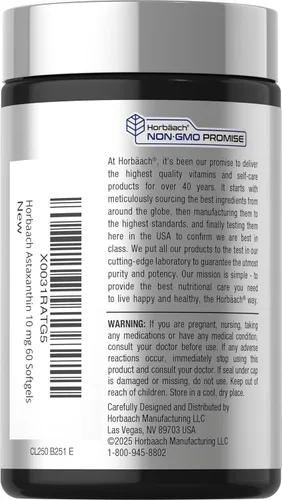 Vista 3 de Horbäach Suplementos de astaxantina 10 mg 60 cápsulas blandas Fórmula derivada de algas Sin OMG, sin gluten