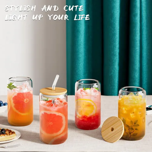 Vista 2 de 12 Pcs Glass Cups with Bamboo Lids and Straws - 16oz Glass Tumbler, Iced Coffee Cup, Can Shaped Drinking Glasses for Coffee, Tea, Smoothie, Juice