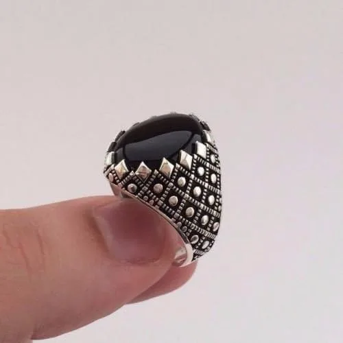 Vista 4 de Anillo de plata de ley 925K de ónix negro ovalado para hombre, Plata de ley, plata, Ónix