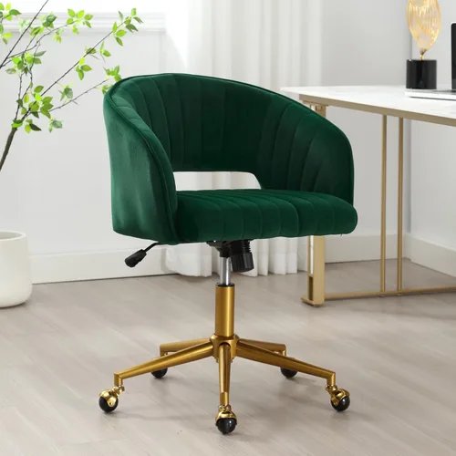 Vista 82 de ABET Silla de escritorio con ruedas, silla de terciopelo para oficina en casa, sillón giratorio con base dorada, sillas decorativas modernas