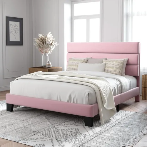 Vista 69 de Allewie - Base de cama tamaño King con cabecera tapizada en tela y soporte de listones de madera; base de colchón completamente tapizada; no Azul