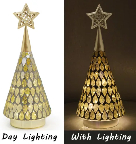 Vista 8 de Árbol de Navidad dorado de vidrio con mosaico con estrella, 2 árboles de Navidad pequeños de mesa con luz, árbol de Navidad a pilas para decoración