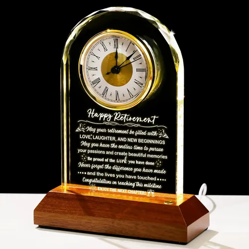 Reloj de jubilación de cristal con base de luz de madera, placa de feliz jubilación para mujeres, hombres, colegas, jefe amigo, idea de regalo de