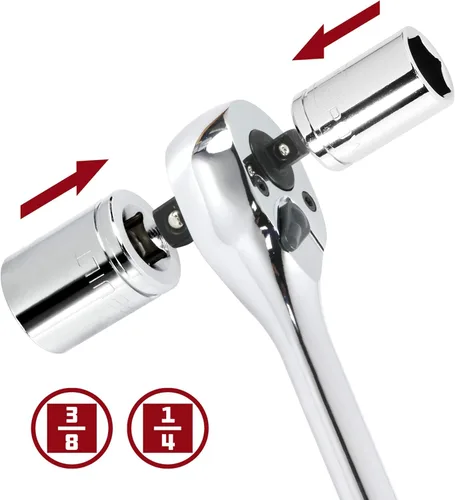 Vista 3 de Powerbuilt Trinquete extensible de doble tamaño, accionamiento de 1/4 y 3/8 pulgadas, 72 dientes, columpio de 5 grados, ligero, mango de goma rojo