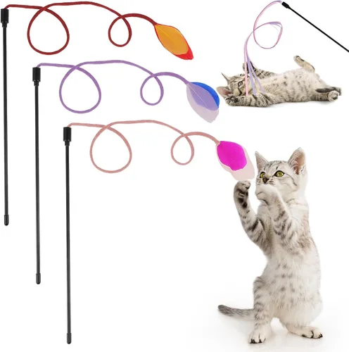 simarro 3 piezas de juguetes de varita de plumas para gatos, juguete interactivo para gatos de interior y adultos, juguetes coloridos para gatos de