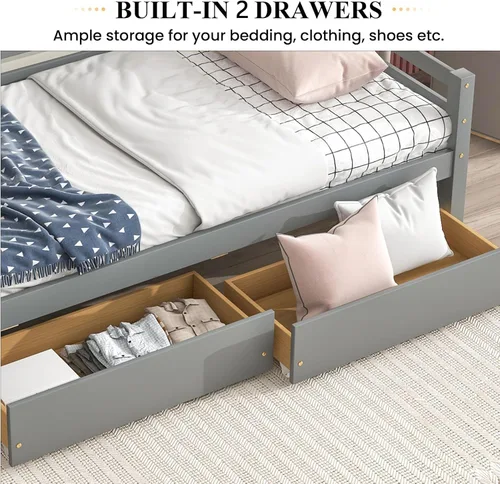 Vista 4 de Marco de sofá cama de madera de tamaño individual con 2 cajones de almacenamiento, sofá cama multifuncional con soporte de listones de madera