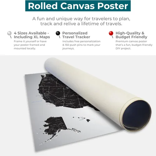 Vista 4 de Personalized Canvas Rolled Poster United States Map Wall Art – Large 24" x 36" Black Ice USA Map Poster – Push Pin Travel Decor for Home or Office