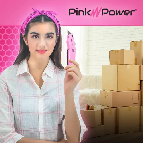Vista 7 de Pink Power Cortador de cajas retráctil, cuchillo de utilidad rosa para alfombra, lindo cuchillo cortador de caja resistente con 3 cuchillas