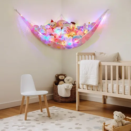 Vista 5 de Basumee Hamaca de animales de peluche con luz LED, organizador de red de juguetes de peluche, organizador de esquina para almacenamiento de animales
