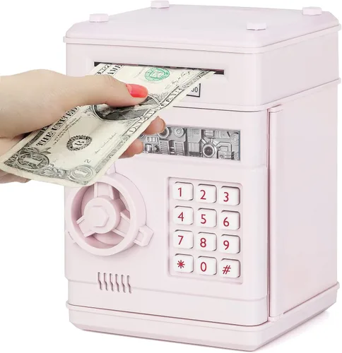Vista 6 de Refasy Alcancía para dinero en efectivo, cajero automático, banco electrónico de monedas para niños de 3 a 12 años, caja de ahorro de dinero, mini