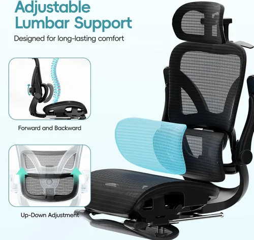 Vista 4 de Alllion Silla de oficina ergonómica de malla, silla de escritorio para el hogar cómoda con respaldo alto, soporte lumbar ajustable, reposacabezas