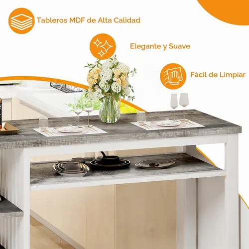 Vista 9 de DKLGG Juego de mesa de comedor para 2, juego de comedor rústico a altura de bar con almacenamiento y taburetes de mostrador, mesa de isla para Marrón