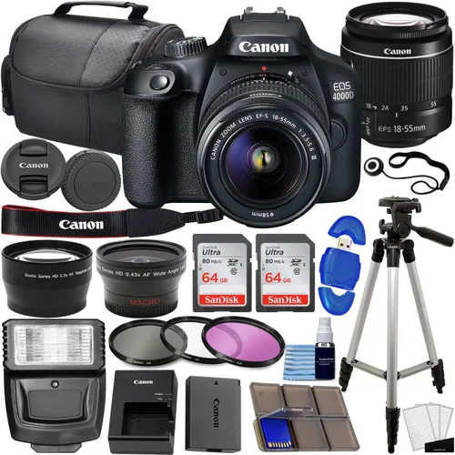 Canon EOS 4000D / Rebel T100 Cámara DSLR con lente EF-S 18-55mm f/3.5-5.6, kit de 3 lentes con 128GB de memoria + lente gran angular + lente